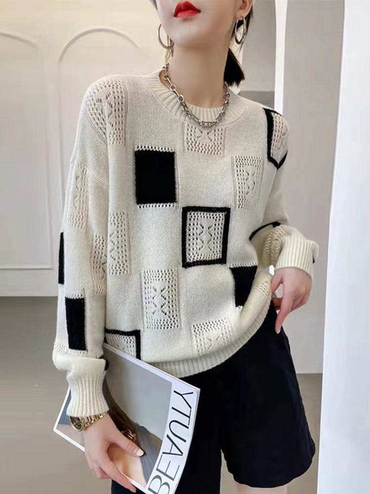 Color Block Plaid Knitwear Top Women Retro Round Neck Sweater