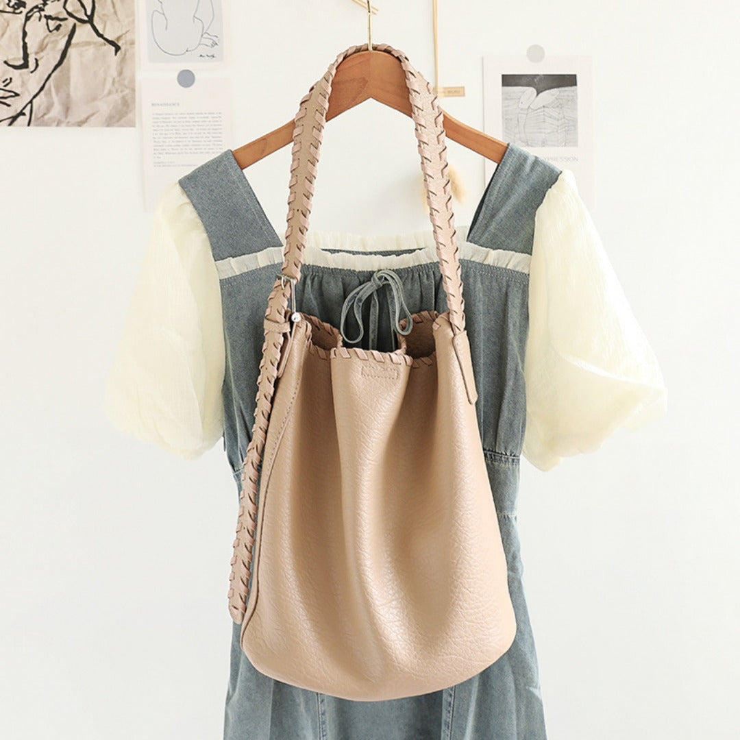 Elegant Woven Shoulder Strap Bucket Bag for Female - Versatile Texture Soft PU Retro Casual Tote