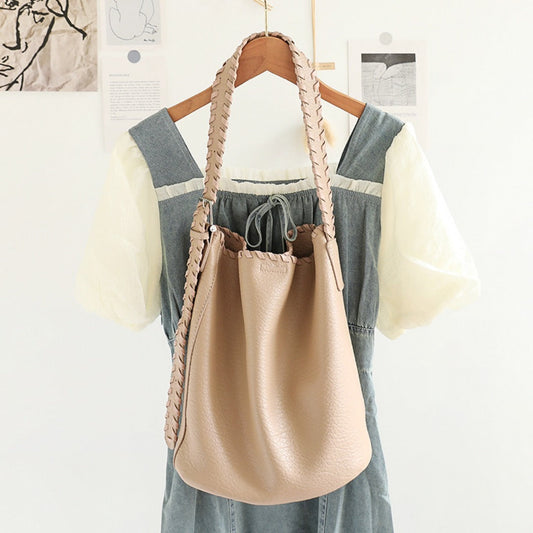 Elegant Woven Shoulder Strap Bucket Bag for Female - Versatile Texture Soft PU Retro Casual Tote