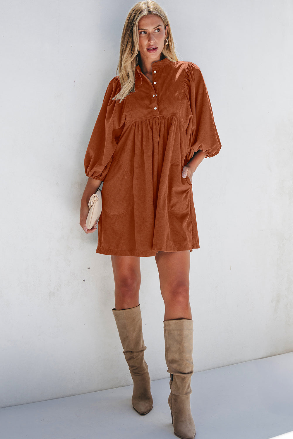Solid Corduroy 3/4 Sleeve Snap Button Dress