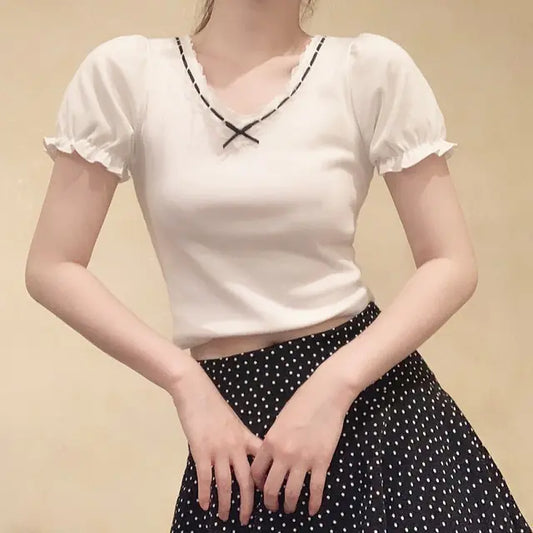 Sweet Girl Cotton T-Shirt with Lace Bow and Puffy Sleeves - # GIAA23510022