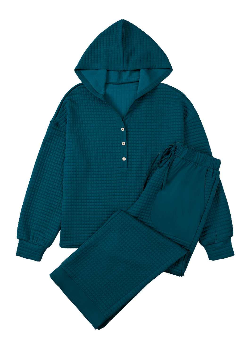 Waffle Textured Patchwork Hooded Top and Pants Set