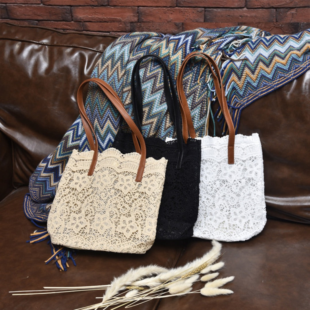 Lace hobo bag for women, shopping shoulder handbag, embroidered flower hollow tote bag