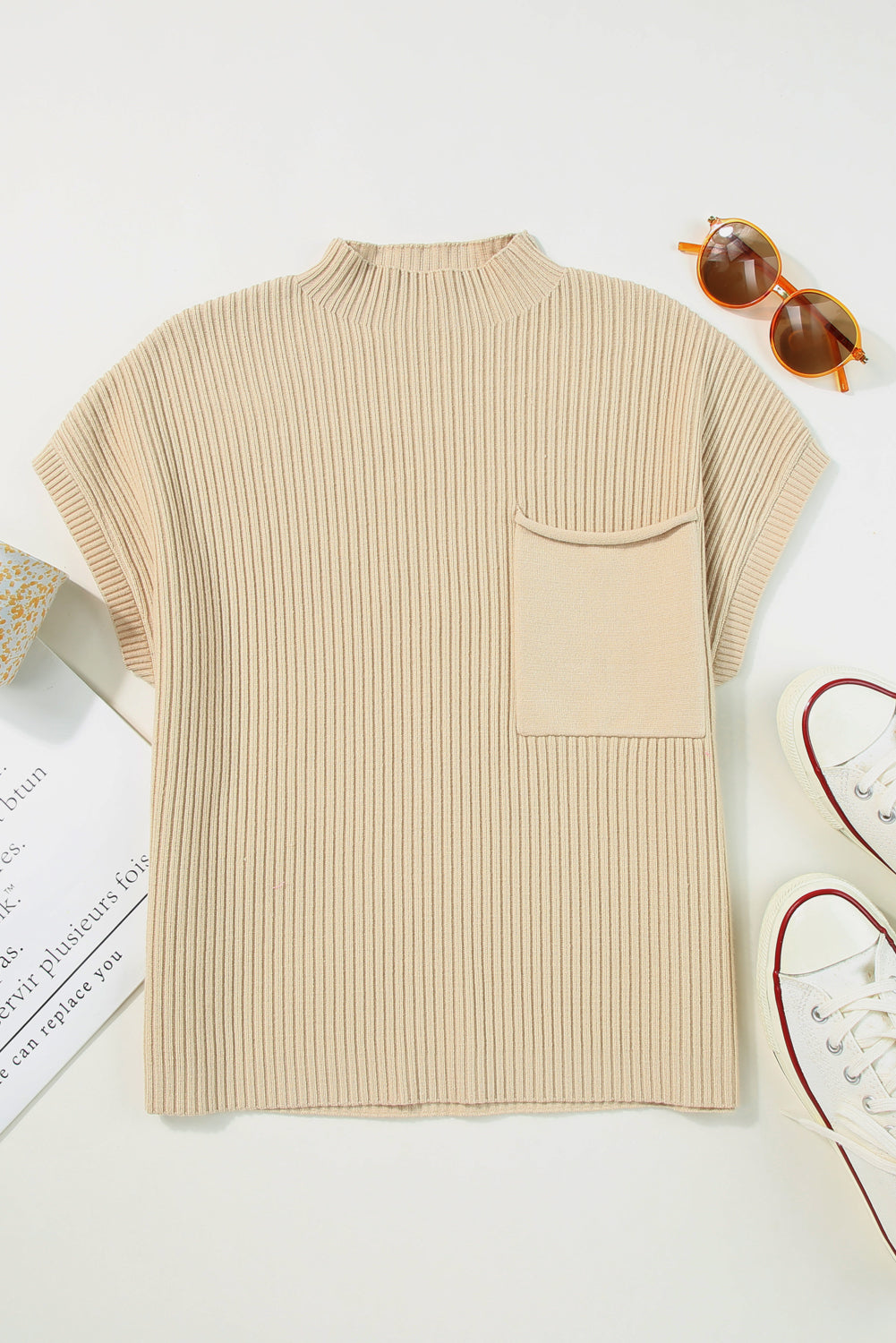 Solid Ribbed Knit Patch Pocket Short Sleeve Sweater