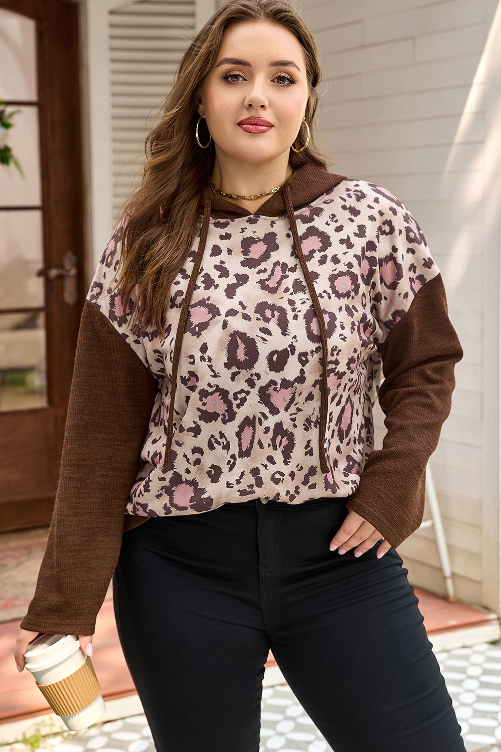 Plus Size Leopard Knit Patchwork Hoodie