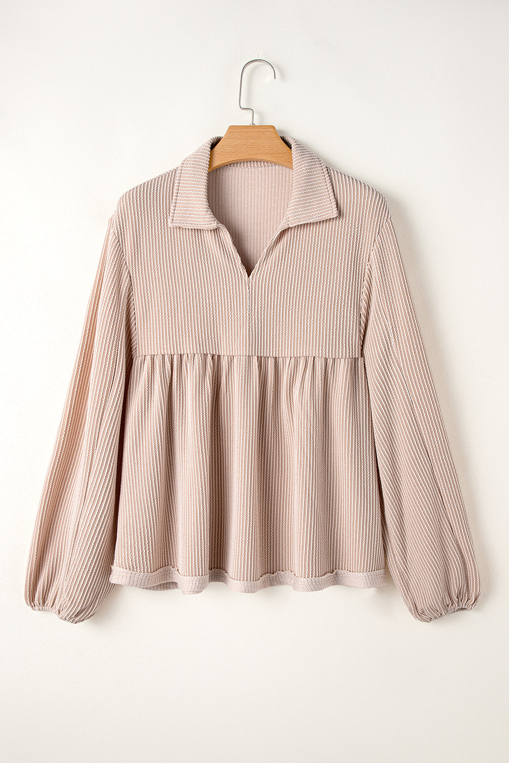 Corded V-Neck Bubble Sleeve Babydoll Blouse