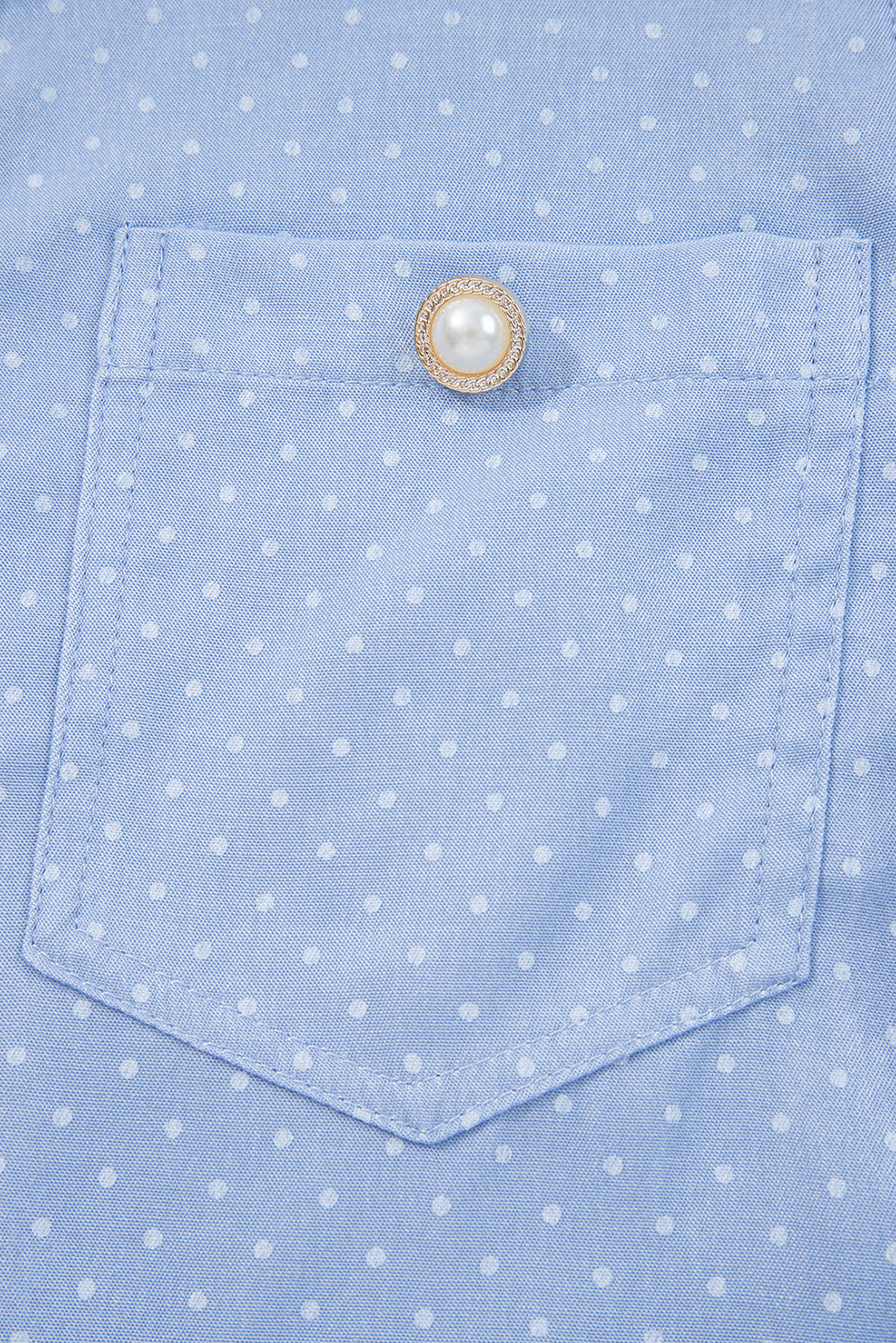 Dotted Denim Lace Trim Collared V-Neck Blouse