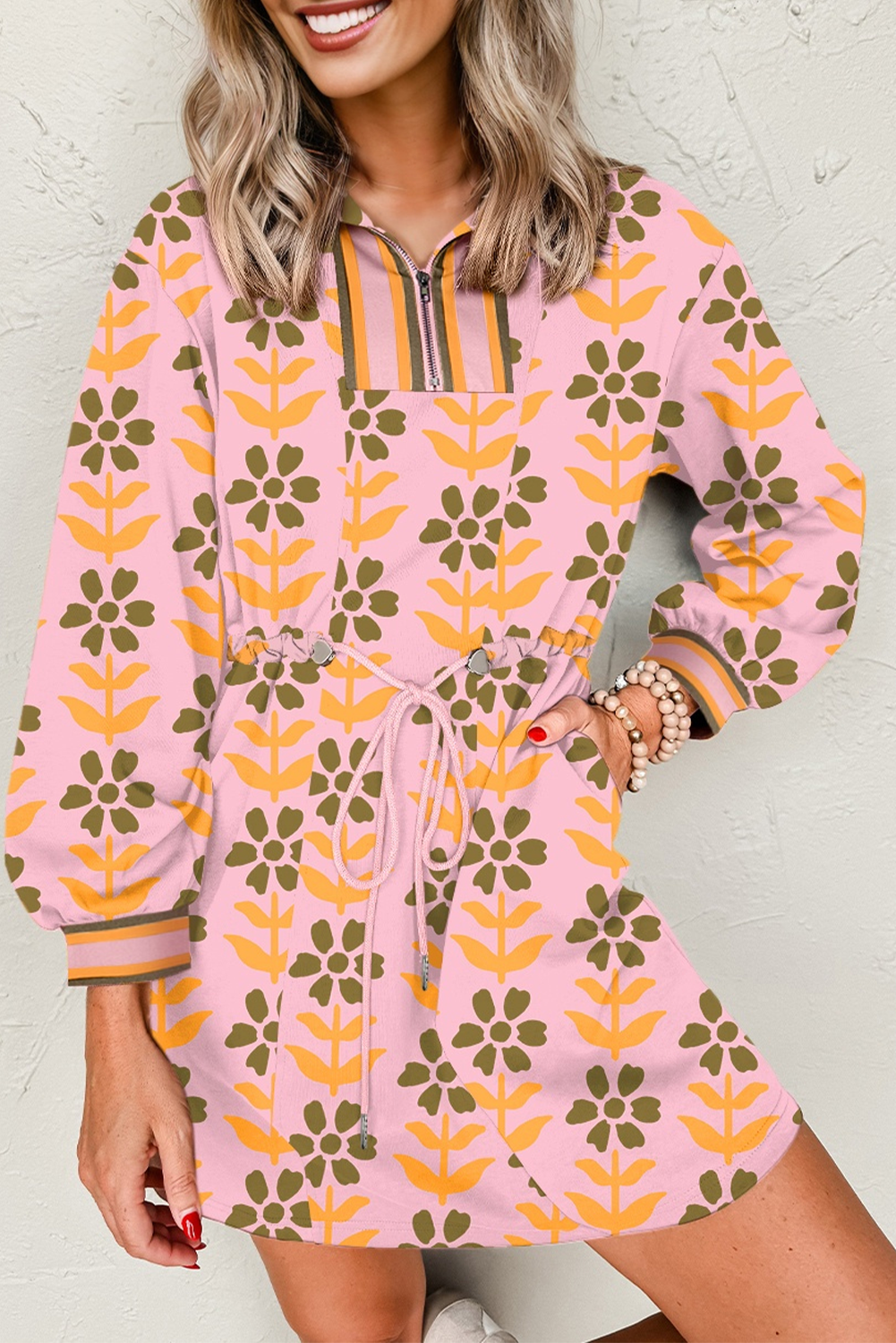 Floral Stripe Patchwork Long Sleeve Mini Dress