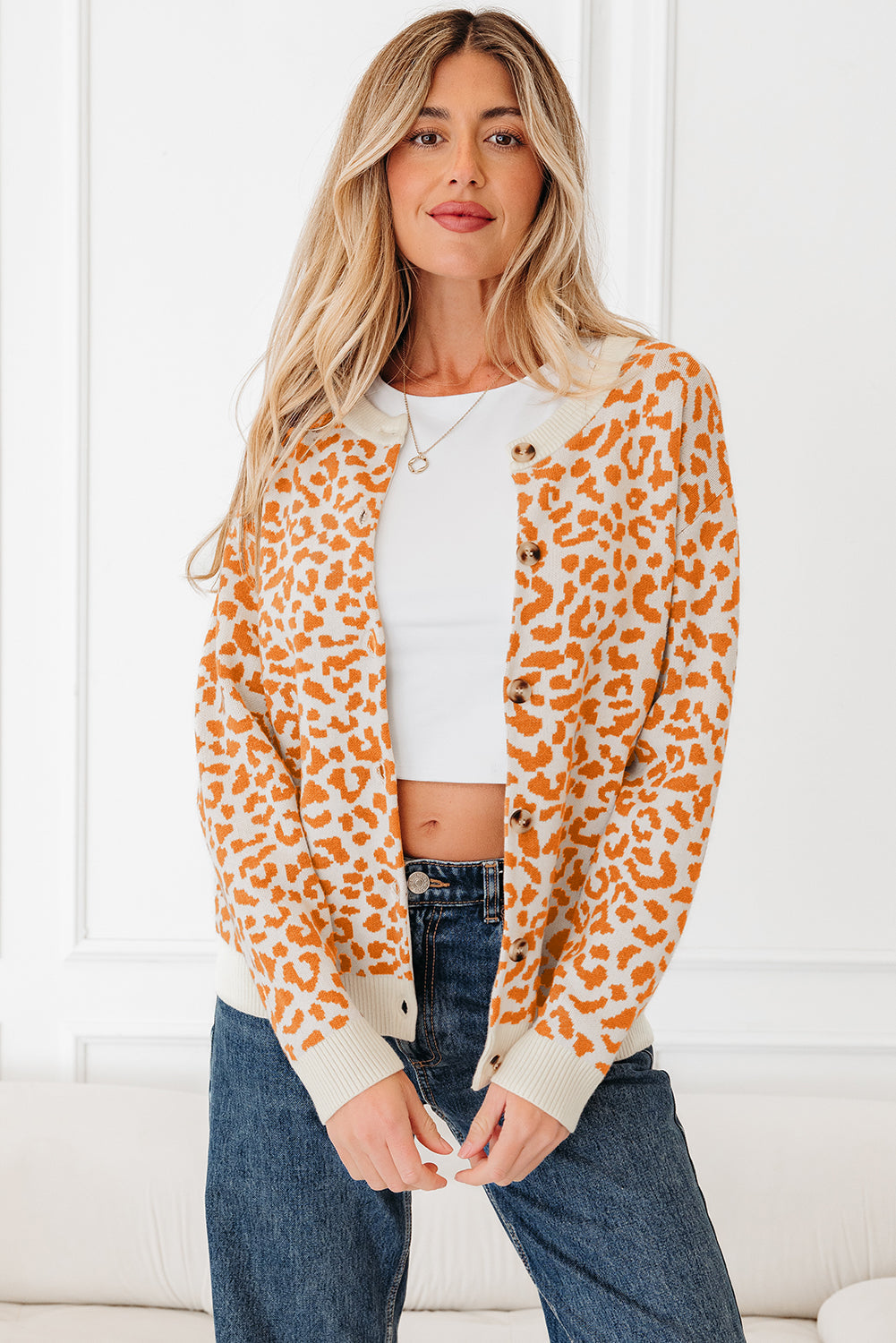 Leopard Drop Shoulder Chunky Cardigan Sweater