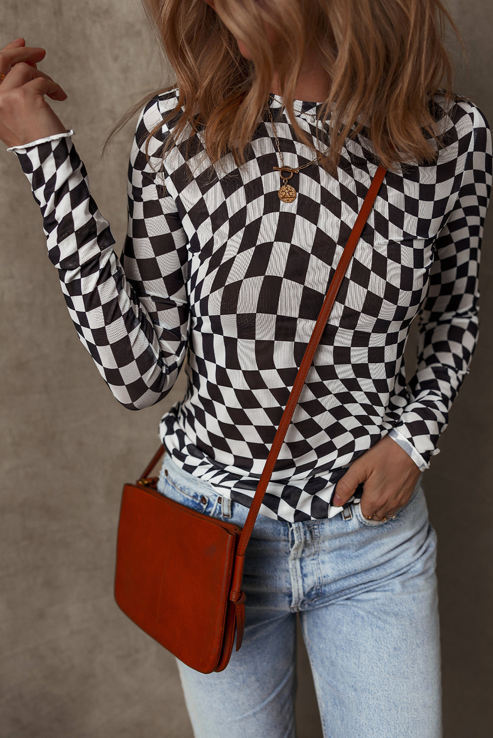 Checker Mesh Mock Neck Long Sleeve Top