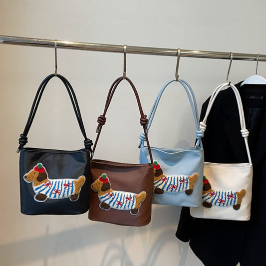 Adorable Cute Puppy Pattern Canvas Bag - Fashionable Bucket Style Shoulder Bag for Students & Women Hobo