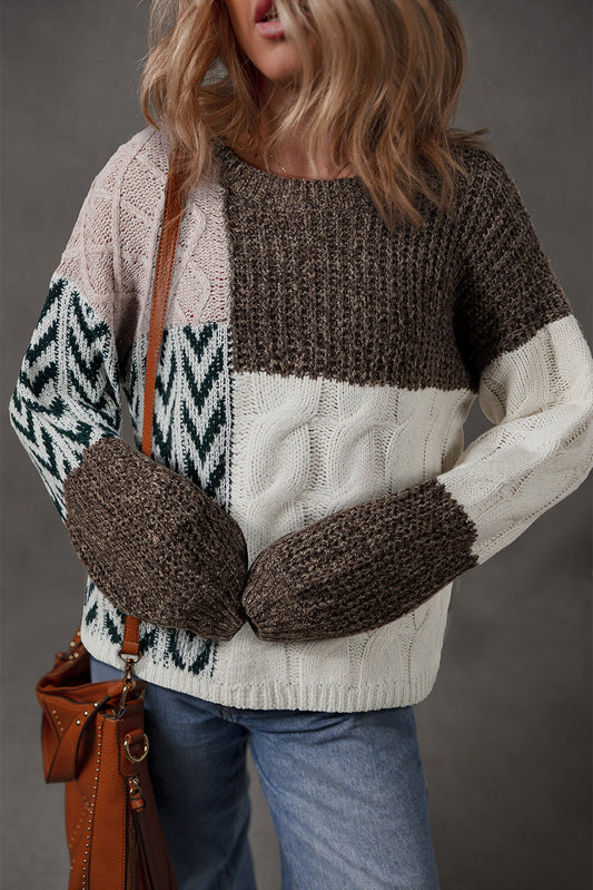Colorblock Cable Knit Patchwork Tied Back Sweater