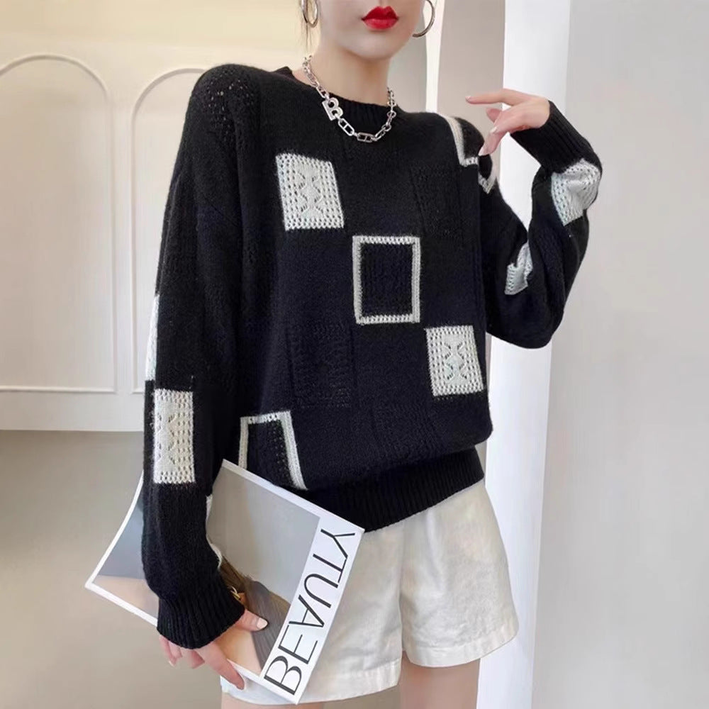 Color Block Plaid Knitwear Top Women Retro Round Neck Sweater