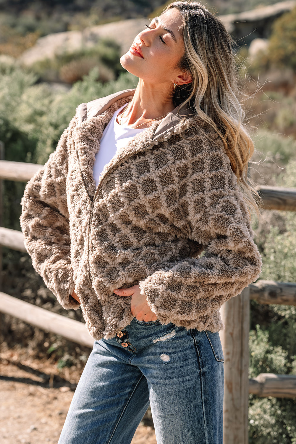 Sherpa Rhombus Textured Zip Up Hooded Jacket