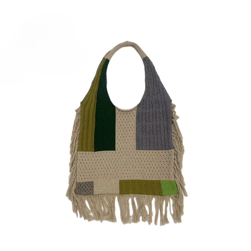 Tassel bag women, splicing knitted shoulder bag, simple and versatile retro knitted bag hobo