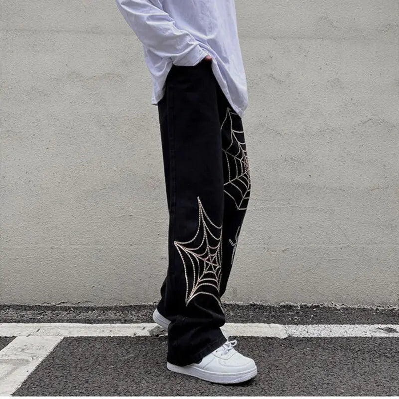 Boys and Men's Black Streetwear Spider Web Pants - # BOAA13410013