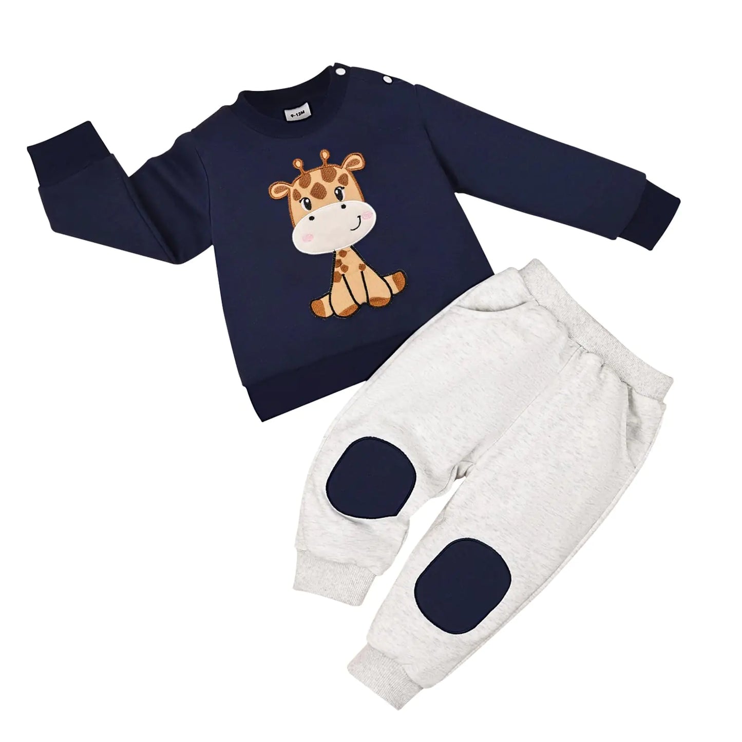 DOMOABEI 18 Months Baby Boy Outfit Fall Winter Toddler Boy Clothes Long Sleeve Cute Cartoon Sweatsweatshirts Pocket Pant Set Fall Winter Outfits Set Giraffe Blue and Grey 18-24 Months - # BAAA51210018