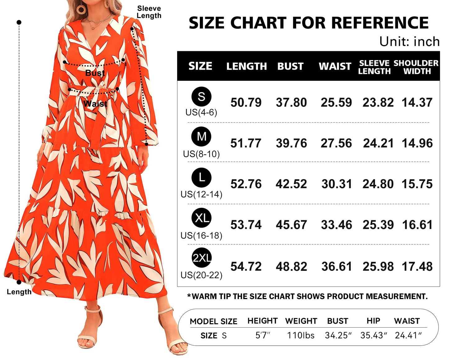 PRETTYGARDEN Womens Fall Long Sleeve Wrap V Neck Ruffle Floral Maxi Dress Casual Tie Waist Boho Chiffon Flowy Long Dresses XX-Large F-orange White - # GIAA231710002