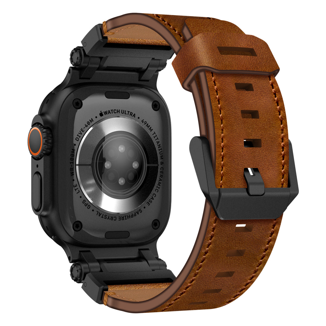 Leather Tactical Band for Apple Watch Ultra – 26mm Wide, Mecha-Style Connectors, Adventure-Ready
