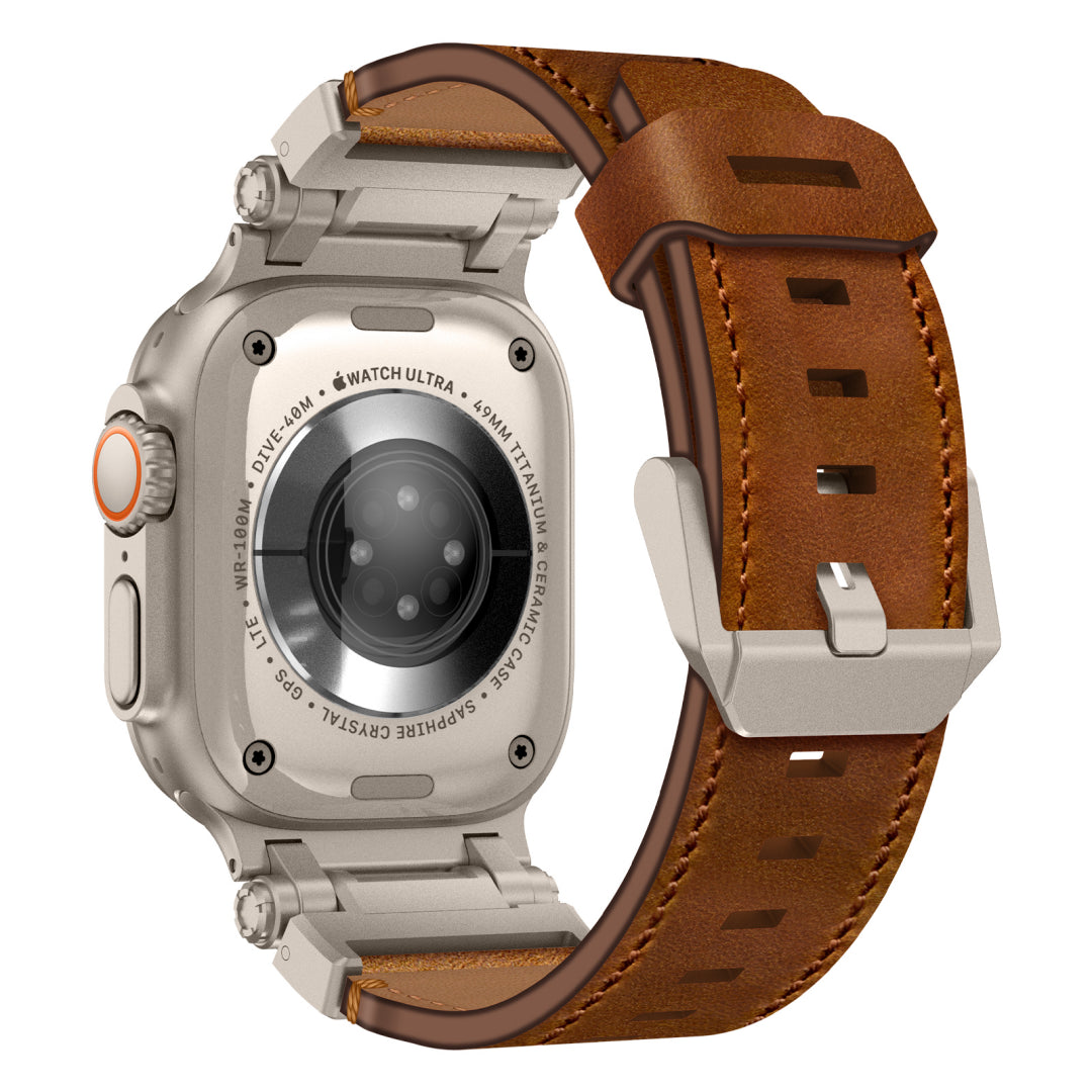 Leather Tactical Band for Apple Watch Ultra – 26mm Wide, Mecha-Style Connectors, Adventure-Ready