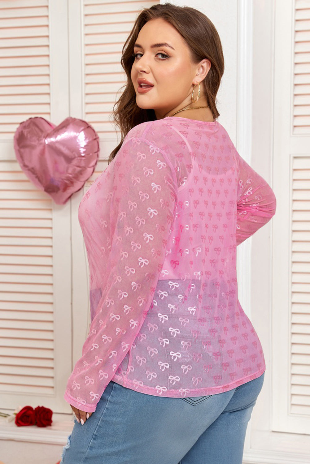 Plus Size Bow Embroidered Long Sleeve Mesh Top
