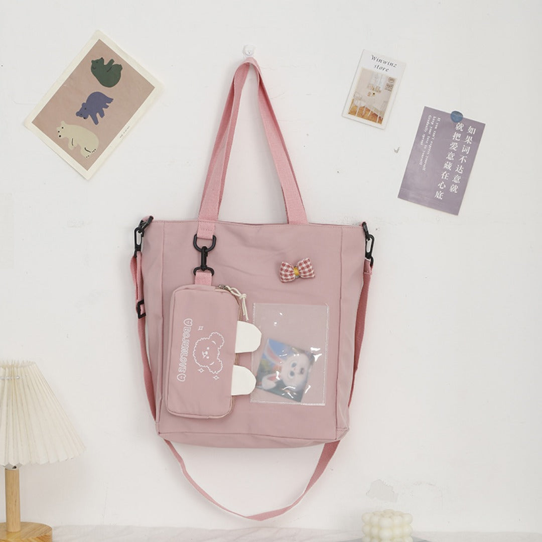 Cartoon canvas bag cute, bunny pendant tote bag, self-contained small bag student shoulder bag
