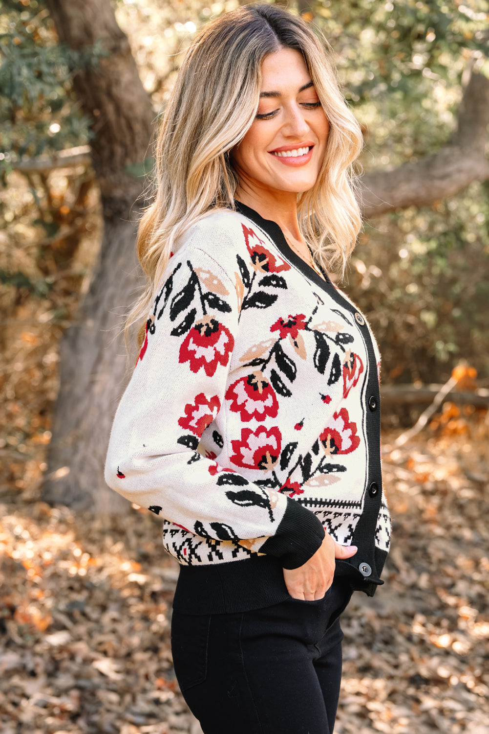 Floral Knit Button-Front V-Neck Cardigan