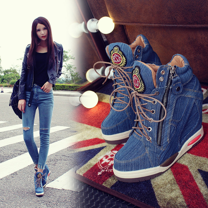 Women's Casual Denim Lace-Up Wedge Boots