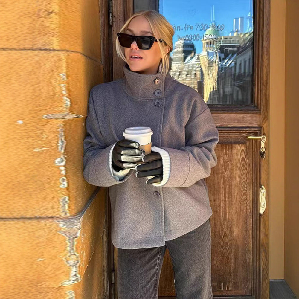 Women's Wool Coat with Stand Collar