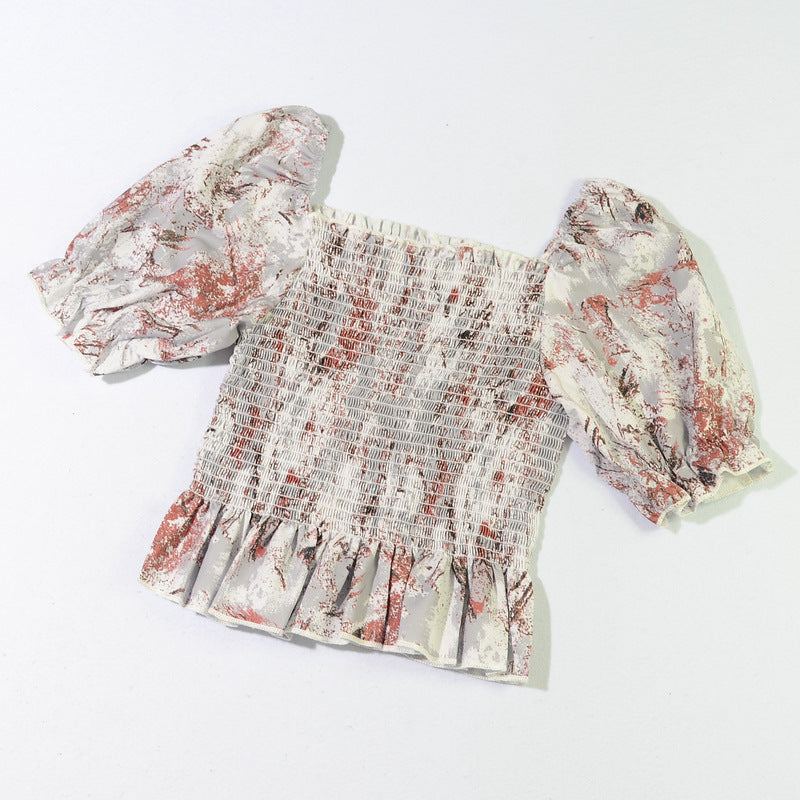 Slim Blouse French Style Tops Leaves Flower Print  Shirt women Elastic Body women's clothing official