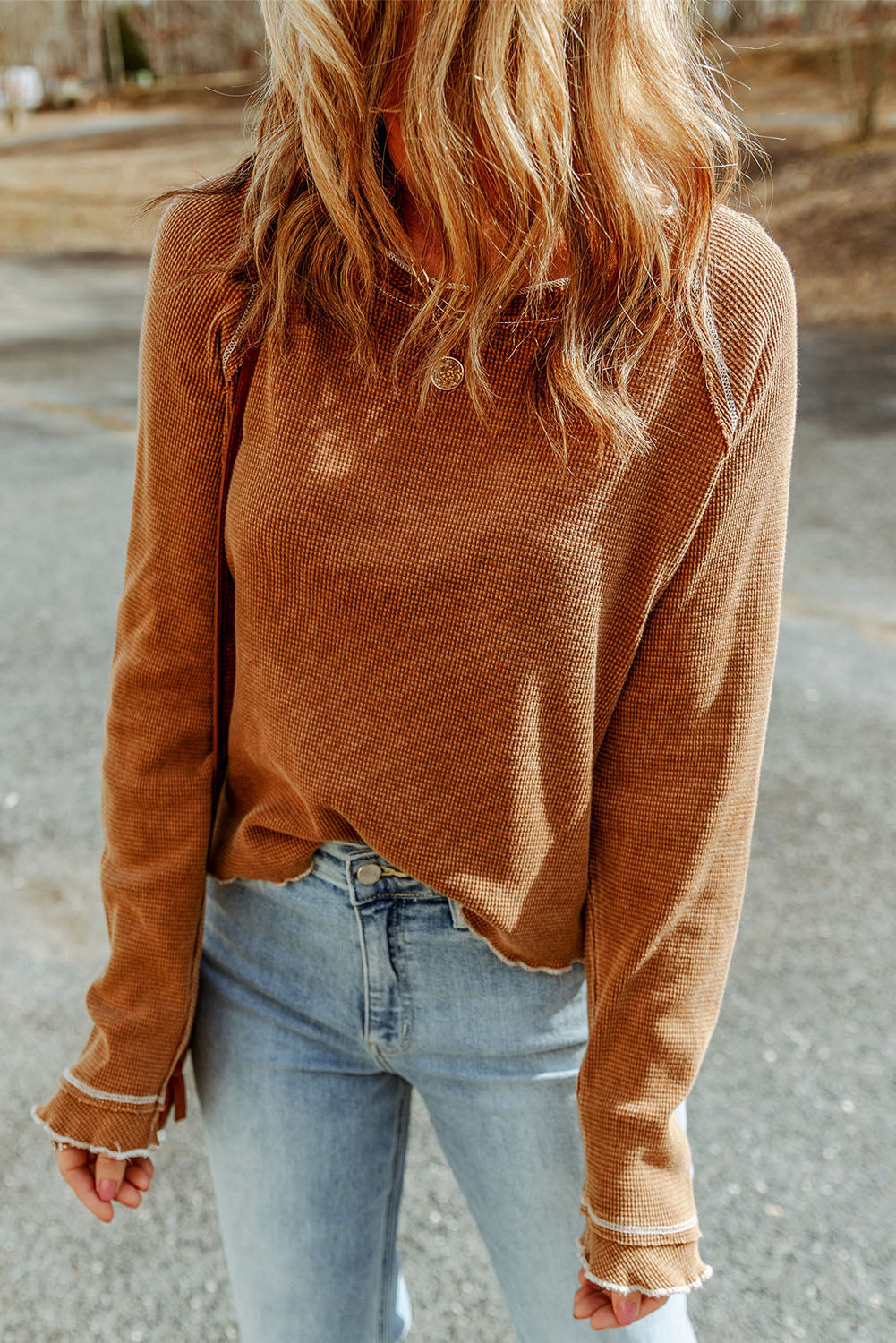 Solid Waffle Knit Round Neck Long Sleeve Top