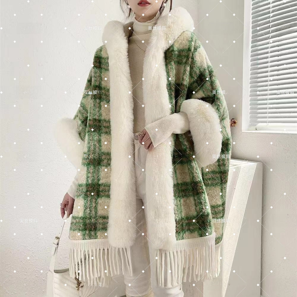 Hooded Fleece-Lined Cape with Tassel