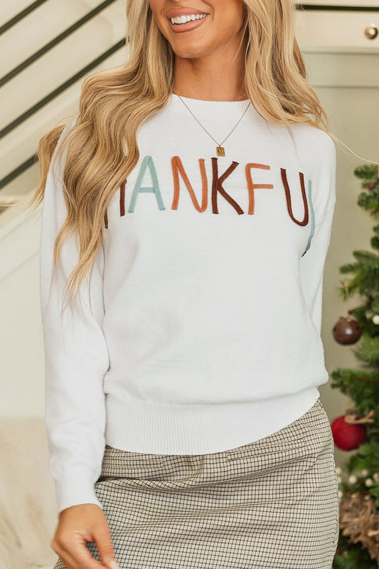 Thankful Embroidered Ribbed Trim Thanksgiving Sweater