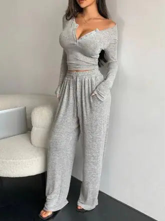 Long-sleeved Button-up And Trousers Two-piece Suit - # GIAA23310005