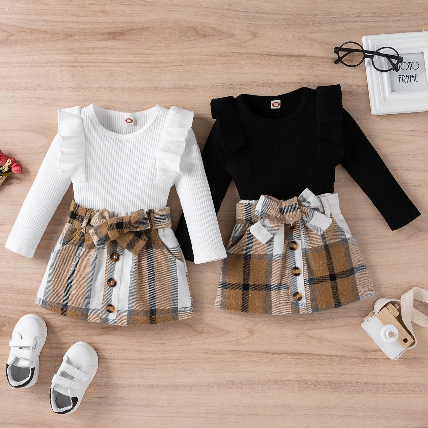 Knitted Ribbed Solid Color Baby Girl Set - # GIAA212310011