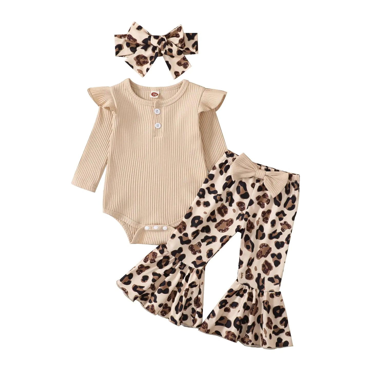 Newborn Baby Girl Clothes Infant Rib Frill Long Sleeve Romper Flared Pants Headband Set 3pcs Fall Winter Outfits (A- Beige 6-9 Months) - # BAAA51210012