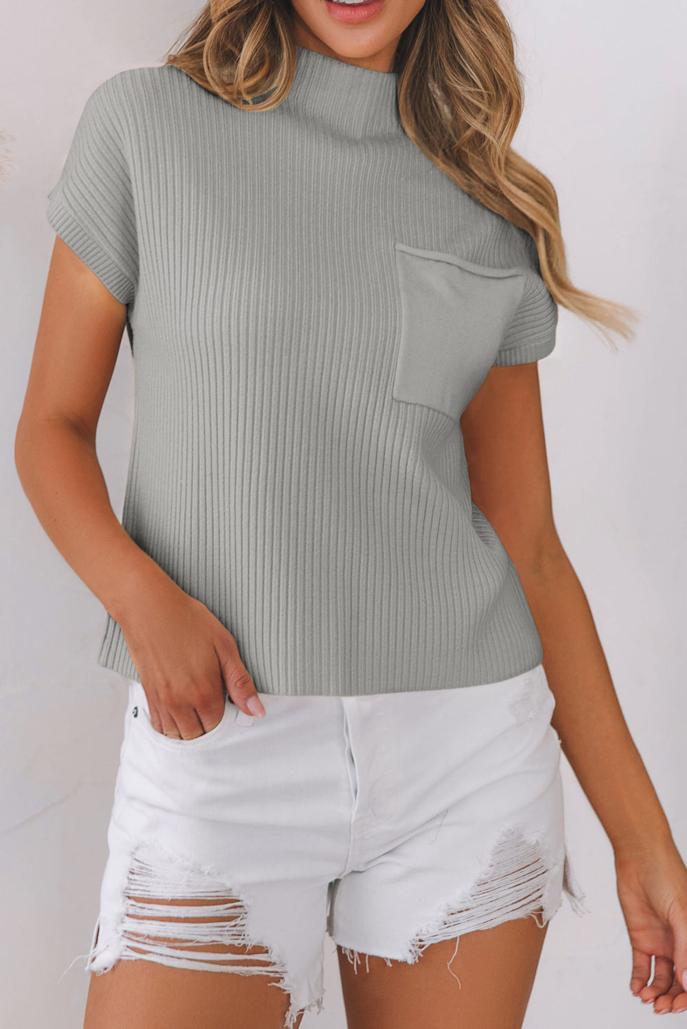 Solid Ribbed Knit Patch Pocket Short Sleeve Sweater