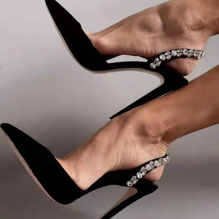 Spiked sideless pointed-toe high-heeled shoes