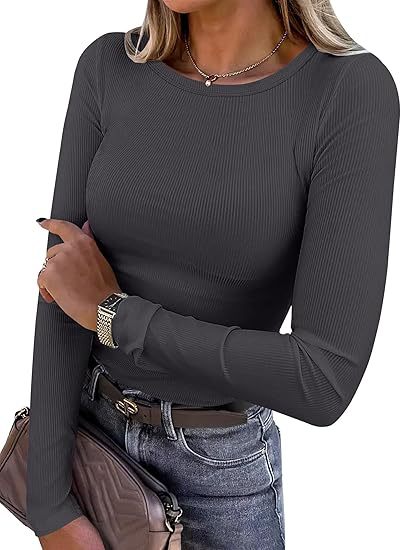 Long-sleeved Elastic Round Neck Rib T-shirt