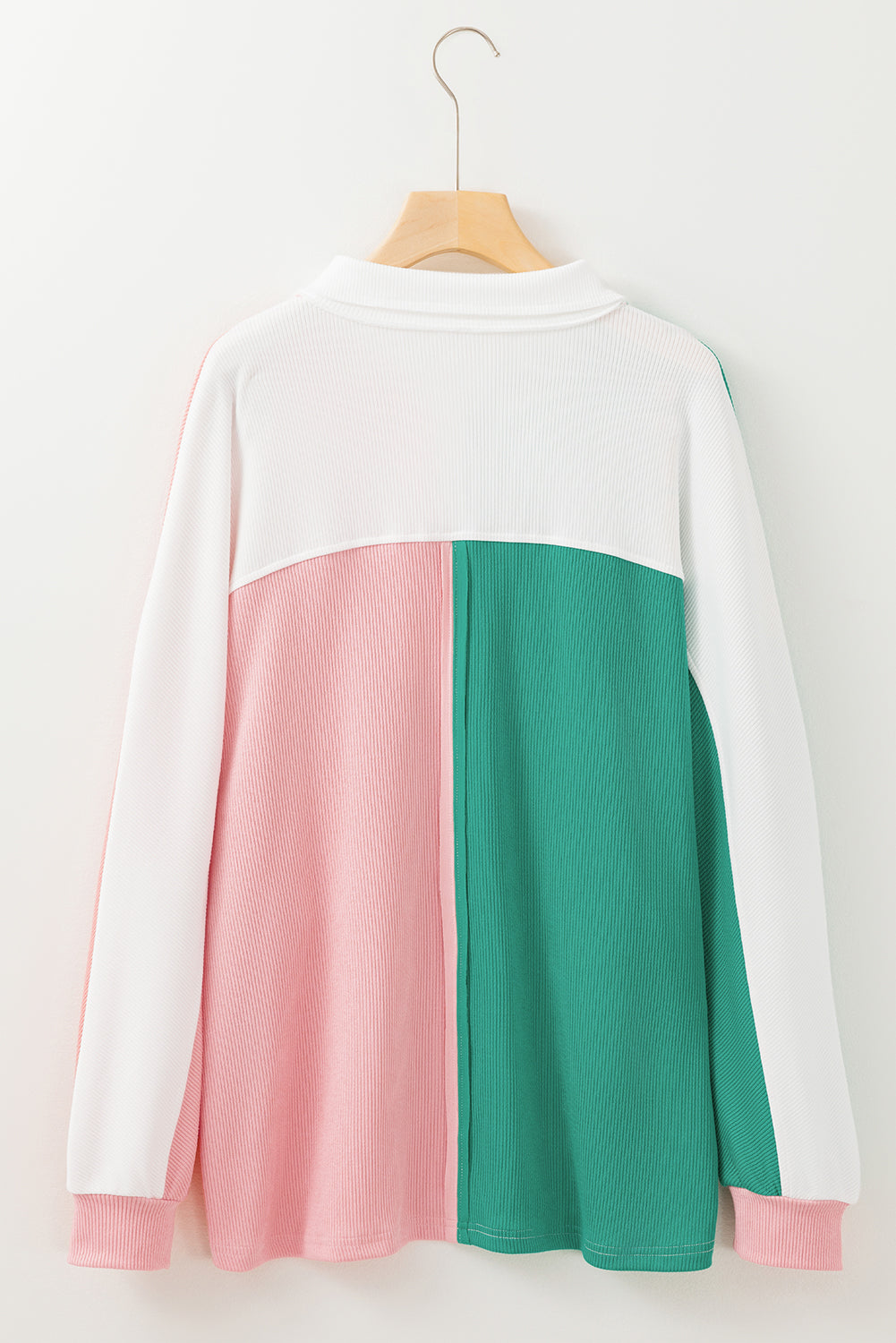 Colorblock Collared Ribbed Patchwork Pocketed Sweatshirt