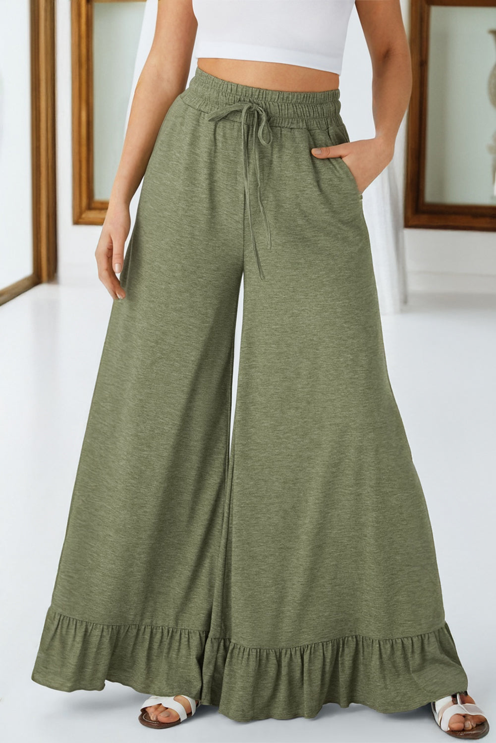 Solid Ruffle Wide Leg High Waist Pants