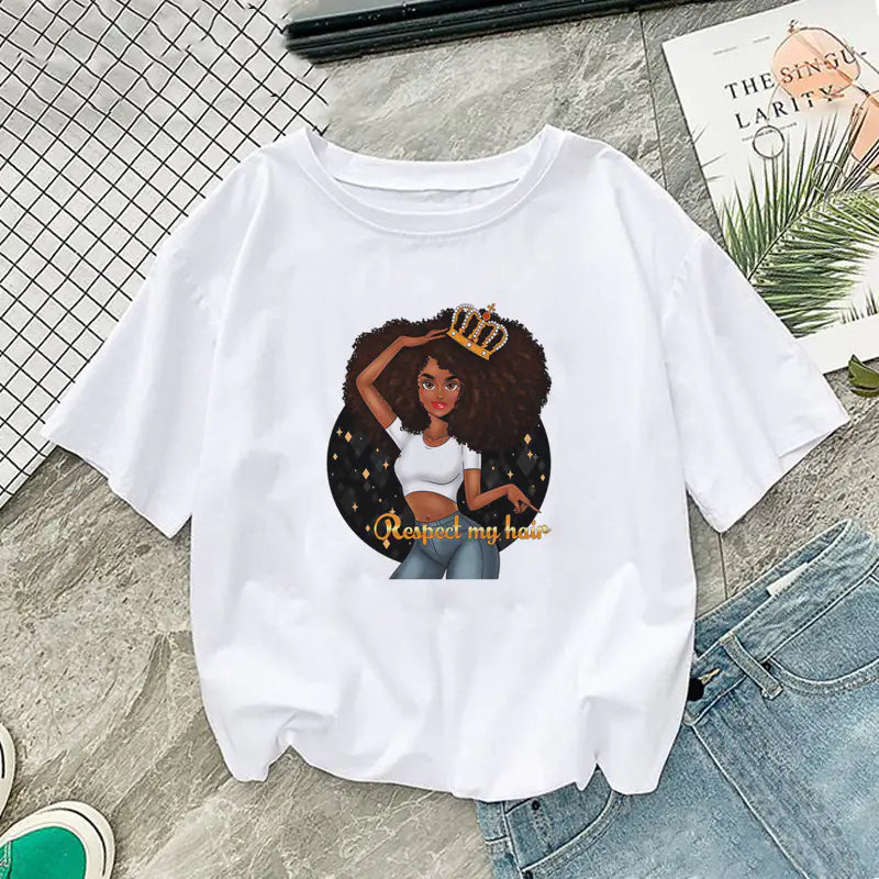 African Girl Print Short Sleeve T-Shirt for Girl and Women - # GIAA23510016