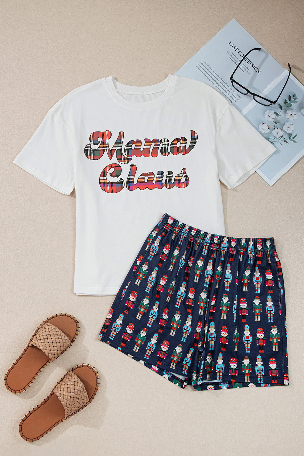 Plaid Mama Claus Tee and Nutcracker Shorts Set