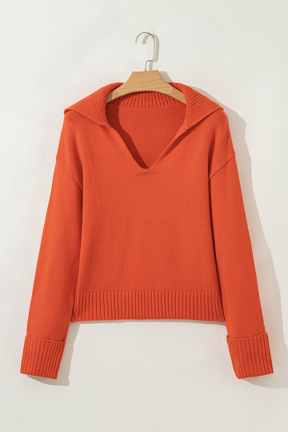 Solid Collared V-Neck Ribbed Edge Sweater