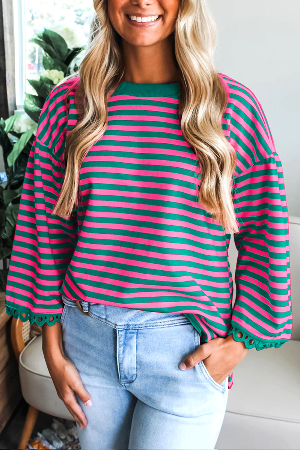 Stripe Lace Trim 3/4 Sleeve Top