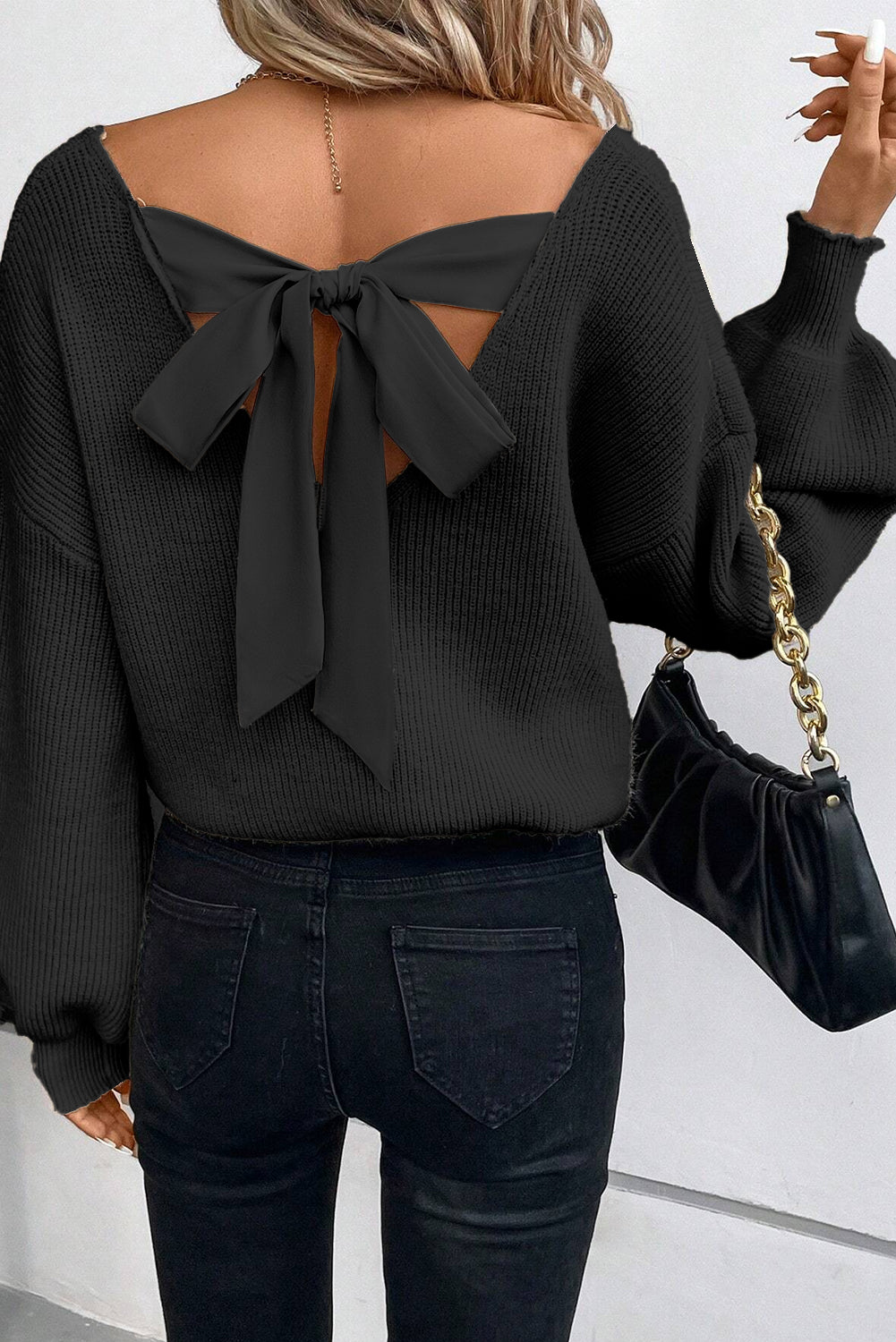 Bow Back  Lantern Sleeve V-Neck Sweater
