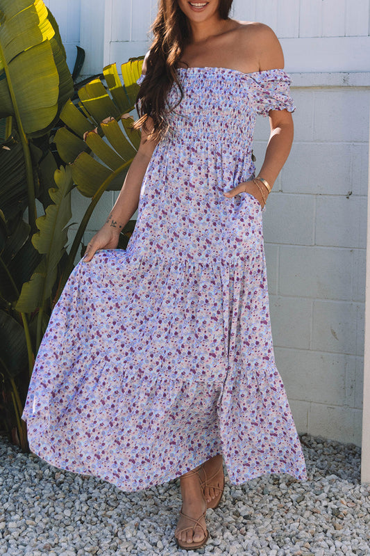 Floral Bubble Sleeve Shirred High Waist Maxi Dress