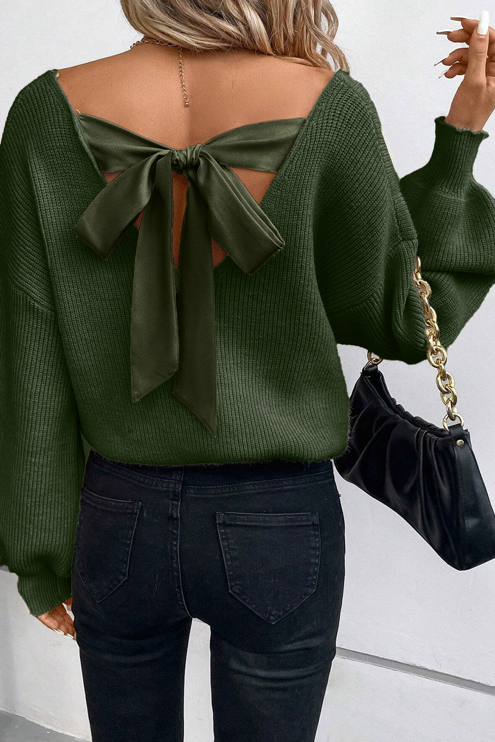 Bow Back  Lantern Sleeve V-Neck Sweater