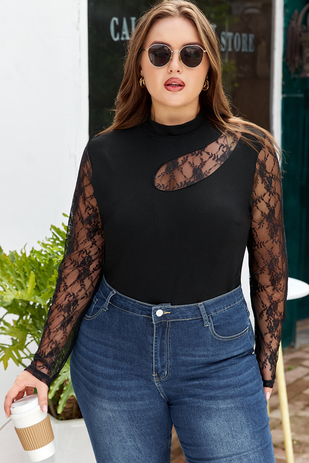 Plus Size Lace Patchwork Cutout Long Sleeve Top