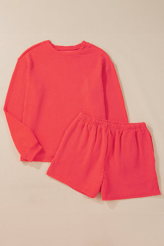 Corded Knit Long Sleeve Top and Shorts Set